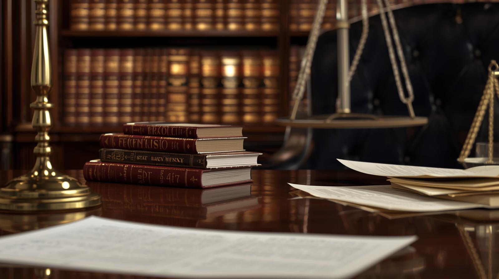 Law desk with stacked red leather-law books, brass lamp, and scales in background