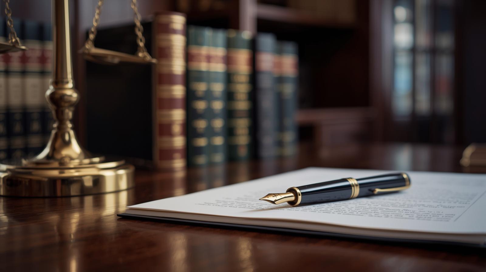 Fountain pen on a legal document on a wooden desk, with a brass scales of justice and law books in the background.