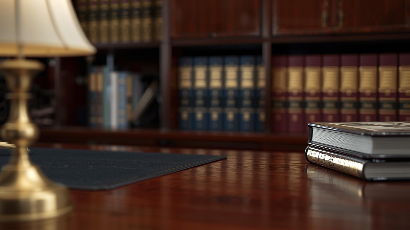 Desk with a brass lamp on the left and a stack of thick legal books on the right, blurred bookshelves in the background.